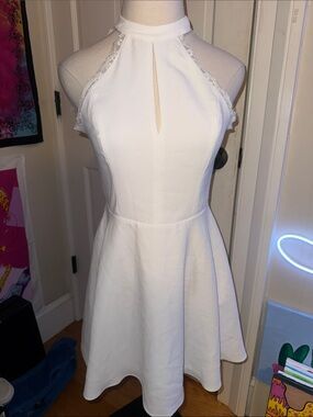 NBD White Halter Mini Dress with Lace Trim